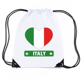 Bellatio Decorations Italie nylon rijgkoord rugzak/ sporttas wit met Italiaanse vlag in hart