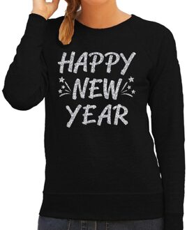 Bellatio Decorations Jaarwisseling trui / sweater Happy New Year zilver op zwart voor dames 2XL (44) - Feesttruien