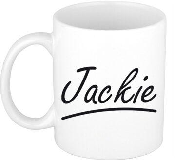 Bellatio Decorations Jackie Naam koffiemok - beker - met sierlijke letters - wit - 300 ml - Cadeau - Dames