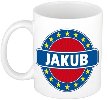 Bellatio Decorations Jakub voornaam koffiemok - beker - wit/blauw - 300 ml - Cadeau - Heren - Collega - Vaderdag