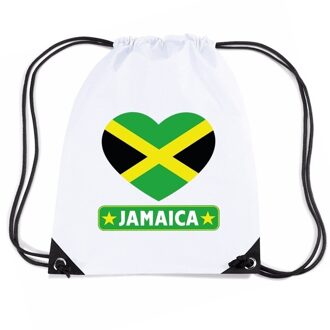 Bellatio Decorations Jamaica thema sporttas - nylon rijgkoord rugzak - wit met hartjes vlag print - supporters
