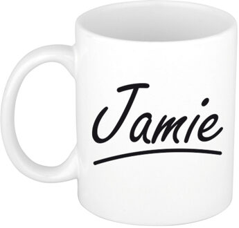 Bellatio Decorations Jamie Naam koffiemok - beker - met sierlijke letters - wit - 300 ml - Cadeau - Heren