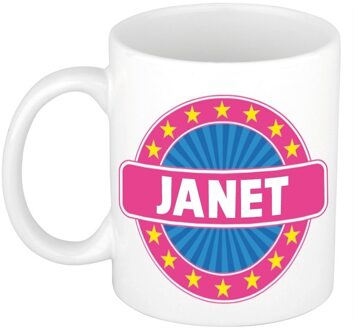 Bellatio Decorations Janet voornaam koffiemok - beker - wit/roze - 300 ml - Cadeau - Dames - Collega - Moederdag