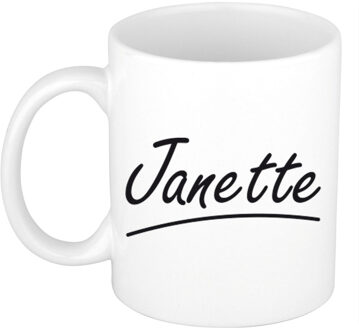 Bellatio Decorations Janette Naam koffiemok - beker - met sierlijke letters - wit - 300 ml - Cadeau - Dames