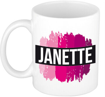 Bellatio Decorations Janette naam / voornaam kado beker / mok roze verfstrepen - Gepersonaliseerde mok met naam - Naam mokken