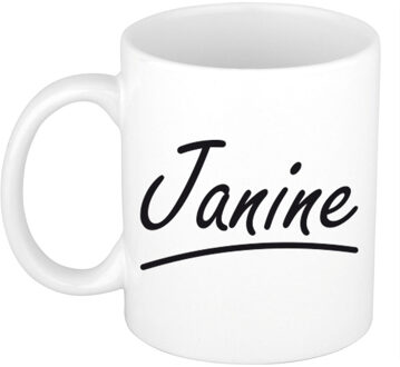 Bellatio Decorations Janine Naam koffiemok - beker - met sierlijke letters - wit - 300 ml - Cadeau - Dames