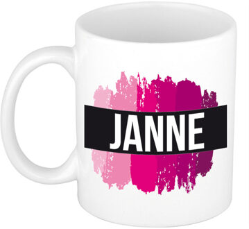 Bellatio Decorations Janne naam cadeau koffie mok - beker - met roze verfstrepen - Cadeau collega - moederdag