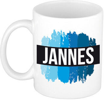 Bellatio Decorations Jannes naam cadeau koffie mok - beker - met blauw verfstrepen - Cadeau collega - vaderdag