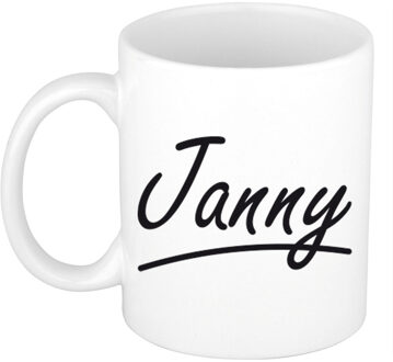 Bellatio Decorations Janny Naam koffiemok - beker - met sierlijke letters - wit - 300 ml - Cadeau - Dames