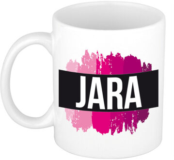 Bellatio Decorations Jara naam cadeau koffie mok - beker - met roze verfstrepen - Cadeau collega - moederdag