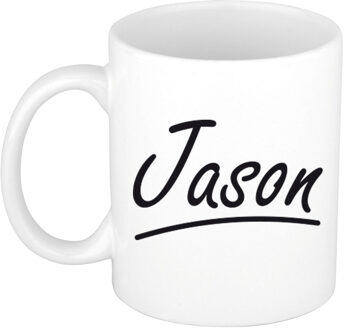Bellatio Decorations Jason Naam koffiemok - beker - met sierlijke letters - wit - 300 ml - Cadeau - Heren