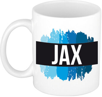 Bellatio Decorations Jax naam cadeau koffie mok - beker - met blauw verfstrepen - Cadeau collega - vaderdag