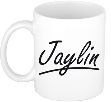 Bellatio Decorations Jaylin Naam koffiemok - beker - met sierlijke letters - wit - 300 ml - Cadeau - Dames