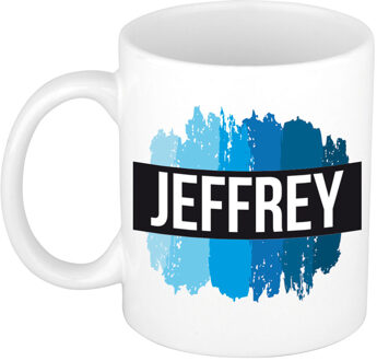 Bellatio Decorations Jeffrey naam cadeau koffie mok - beker - met blauw verfstrepen - Cadeau collega - vaderdag