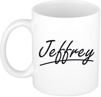 Bellatio Decorations Jeffrey Naam koffiemok - beker - met sierlijke letters - wit - 300 ml - Cadeau - Heren
