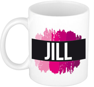 Bellatio Decorations Jill naam cadeau koffie mok - beker - met roze verfstrepen - Cadeau collega - moederdag