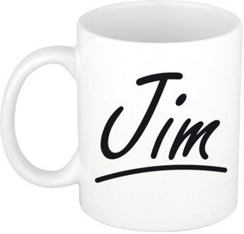 Bellatio Decorations Jim Naam koffiemok - beker - met sierlijke letters - wit - 300 ml - Cadeau - Heren