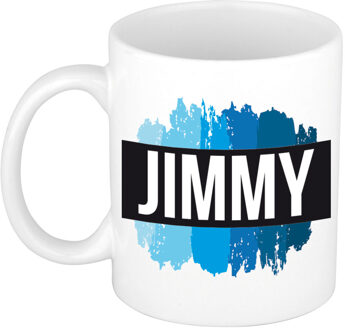 Bellatio Decorations Jimmy naam cadeau koffie mok - beker - met blauw verfstrepen - Cadeau collega - vaderdag