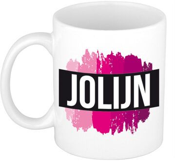 Bellatio Decorations Jolijn naam / voornaam kado beker / mok roze verfstrepen - Gepersonaliseerde mok met naam - Naam mokken