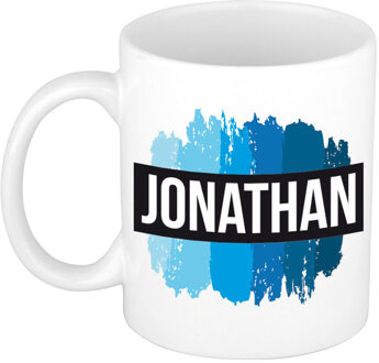 Bellatio Decorations Jonathan naam cadeau koffie mok - beker - met blauw verfstrepen - Cadeau collega - vaderdag