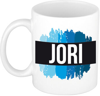 Bellatio Decorations Jori naam cadeau koffie mok - beker - met blauw verfstrepen - Cadeau collega - vaderdag