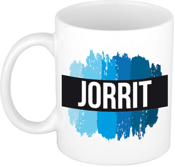 Bellatio Decorations Jorrit naam cadeau koffie mok - beker - met blauw verfstrepen - Cadeau collega - vaderdag