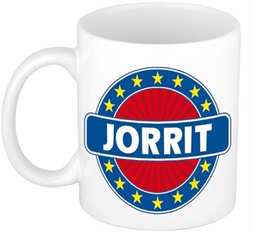 Bellatio Decorations Jorrit voornaam koffiemok - beker - wit/blauw - 300 ml - Cadeau - Heren - Collega - Vaderdag Multi