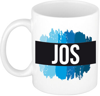 Bellatio Decorations Jos naam cadeau koffie mok - beker - met blauw verfstrepen - Cadeau collega - vaderdag