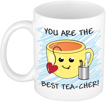 Bellatio Decorations Juf/meester cadeau mok - geel - Smile Emoticon met hartje - grappig - keramiek - 300 ml