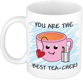 Bellatio Decorations Juf/meester cadeau mok - roze - smiley met hartje - grappig - 300 ml - feest mokken