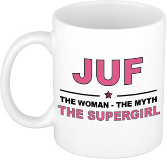 Bellatio Decorations Juf the Woman, the Myth, the Supergirl cadeau mok / beker 300 ml - feest mokken Wit