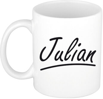 Bellatio Decorations Julian Naam koffiemok - beker - met sierlijke letters - wit - 300 ml - Cadeau - Heren