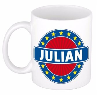 Bellatio Decorations Julian voornaam koffiemok - beker - wit/blauw - 300 ml - Cadeau - Heren - Collega - Vaderdag