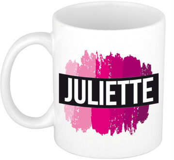 Bellatio Decorations Juliette naam cadeau koffie mok - beker - met roze verfstrepen - Cadeau collega - moederdag
