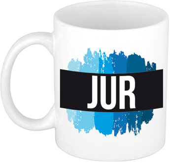 Bellatio Decorations Jur naam cadeau koffie mok - beker - met blauw verfstrepen - Cadeau collega - vaderdag