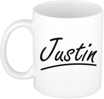 Bellatio Decorations Justin Naam koffiemok - beker - met sierlijke letters - wit - 300 ml - Cadeau - Heren