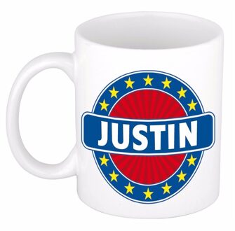 Bellatio Decorations Justin voornaam koffiemok - beker - wit/blauw - 300 ml - Cadeau - Heren - Collega - Vaderdag