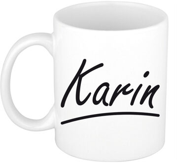 Bellatio Decorations Karin Naam koffiemok - beker - met sierlijke letters - wit - 300 ml - Cadeau - Dames