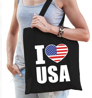 Bellatio Decorations Katoenen Amerika tasje I love USA zwart - 10 liter - Amerikaanse landen cadeautas