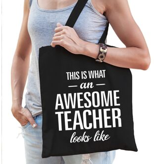Bellatio Decorations Katoenen cadeau juf/ meester tasje awesome teacher zwart