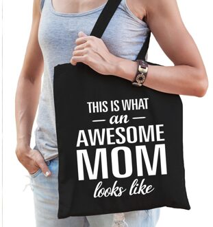 Bellatio Decorations Katoenen cadeau moeder tasje awesome mom zwart Roze