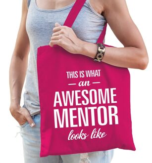 Bellatio Decorations Katoenen cadeau tasje awesome mentor fuchsia roze