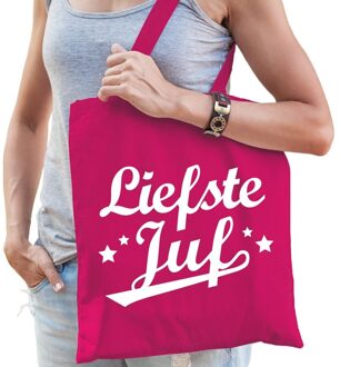 Bellatio Decorations Katoenen cadeau tasje liefste juf fuchsia roze