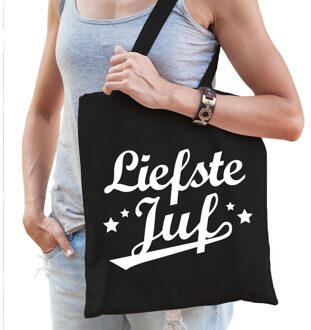 Bellatio Decorations Katoenen cadeau tasje liefste juf zwart