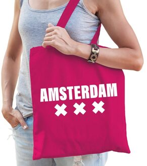 Bellatio Decorations Katoenen Holland/wereldstad tasje Amsterdam roze Fuchsia