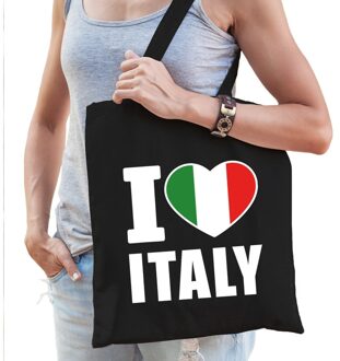 Bellatio Decorations Katoenen Italie tasje I love Italy zwart - 10 liter - Italiaanse landen cadeautas