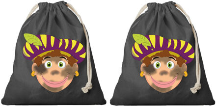 Bellatio Decorations Katoenen Pietenzak / strooizak - 2x - zwart - met sluitkoord - roetveeg Piet - voor pepernoten