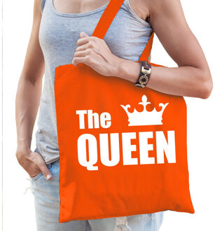 Bellatio Decorations Katoenen tas / shopper oranje the queen met witte kroon dames