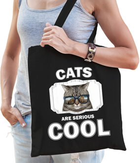 Bellatio Decorations Katoenen tasje cats are serious cool zwart - katten/ coole poes cadeau tas - Feest Boodschappentassen