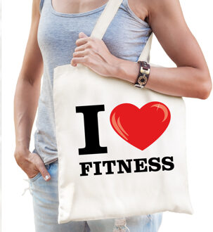 Bellatio Decorations Katoenen tasje I love fitness wit voor dames en heren - Feest Boodschappentassen Beige